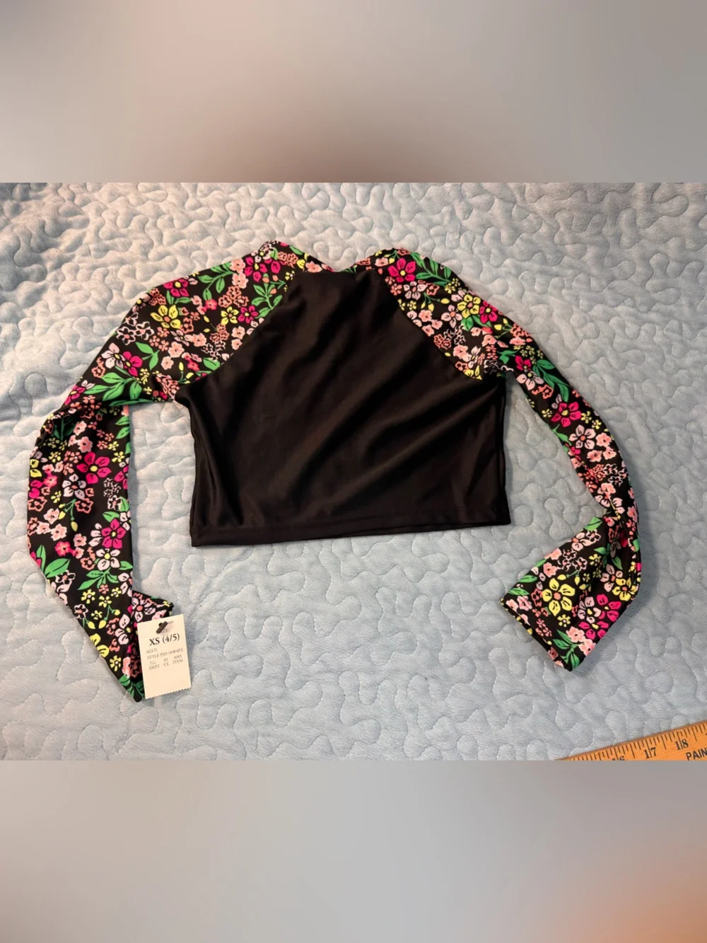 art class Black Crop Rash Guard with Pink & Green Floral Sleeves